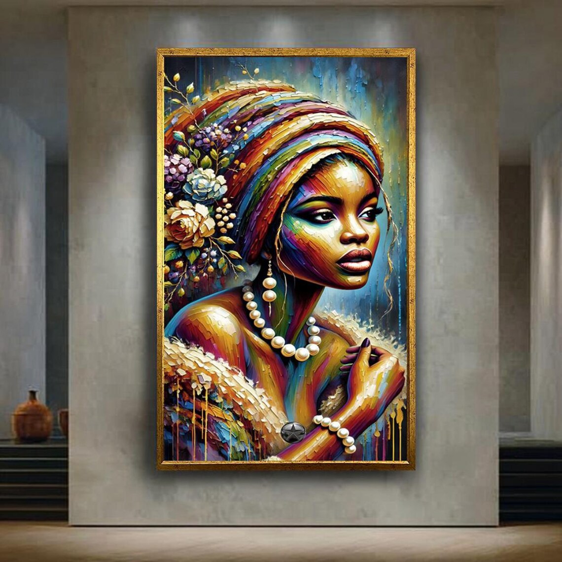 Colorful African Woman Portrait Pearl Jewelry Textured Paint Art Poster