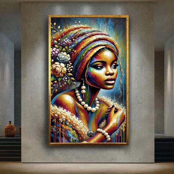 Colorful African Woman Portrait Pearl Jewelry Textured Paint Art Poster