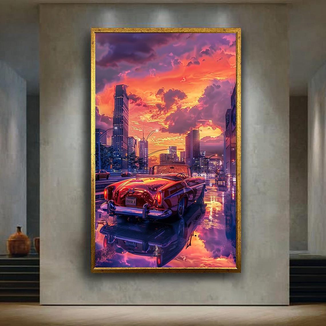 Vintage Red Convertible City Sunset Wet Street Reflection Neon Poster