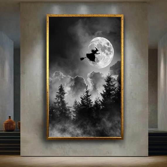 Black And White Witch Canvas Wall Art With Full Moon Foggy Forest Gothic Halloween Silhouette Print For Dark Fantasy Room Decor