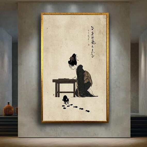 Traditional Japanese Geisha Art Print Minimalist Vintage Style Canvas With Cat Wabi Sabi Zen Poster Asian Ink Drawing Decor