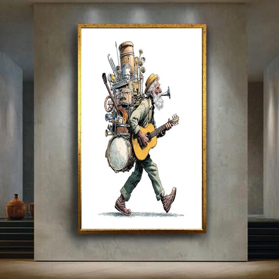 Vintage One Man Band Musician Carrying Drums and Guitar Art Print