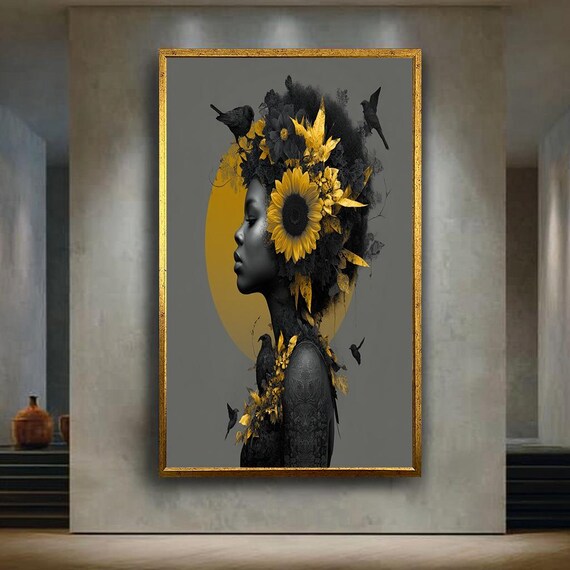 Sunflower Afro Woman Canvas Wall Art Black And Gold Botanical Portrait Print Modern Surreal Nature Inspired Boho Decor