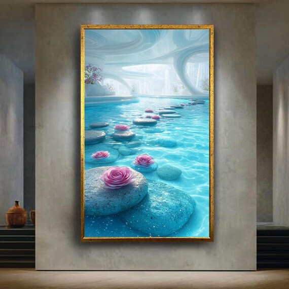 Floating Rose Petals And Zen Stones Canvas Wall Art Dreamy Blue Water Path Print For Spa Healing Or Meditation Room Decor