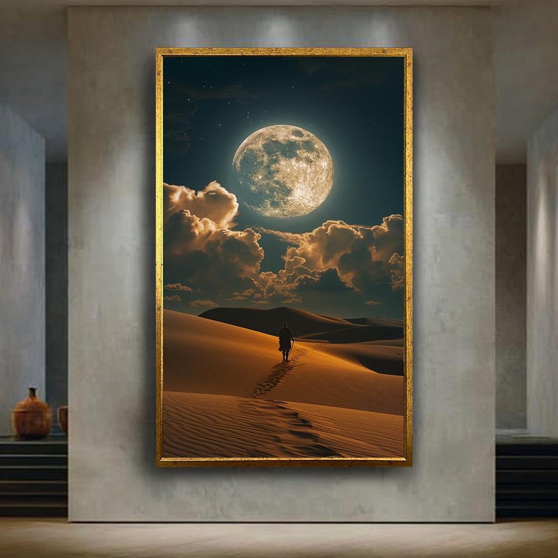 Full Moon Over Desert Dunes Lone Traveler Night Sky Art Poster