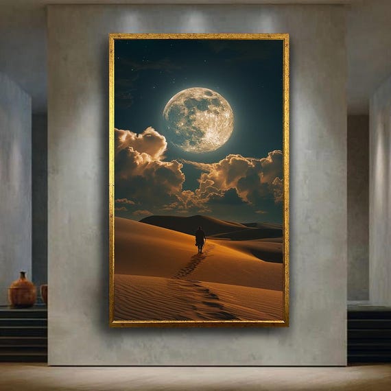 Full Moon Desert Walk Wall Art Surreal Night Canvas Print Spiritual Journey Poster For Celestial Home Decor Or Dreamy