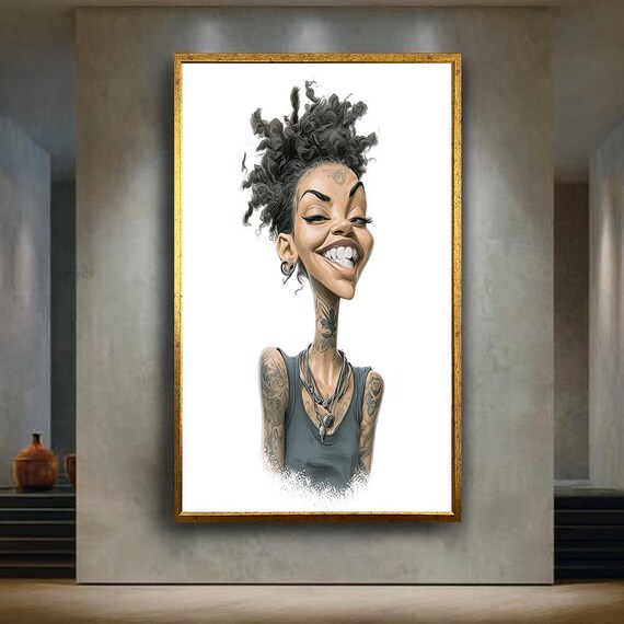 Smiling Tattooed Woman Caricature Portrait Bold Ink Fun Wall Art