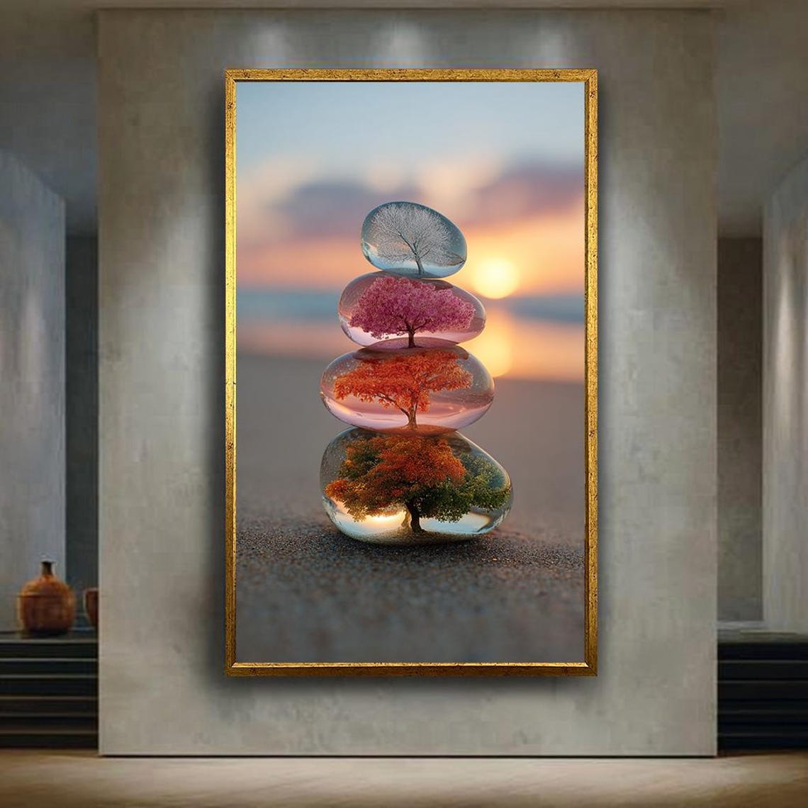 Four Seasons Tree Stacked Glass Stones Sunset Beach Zen Poster