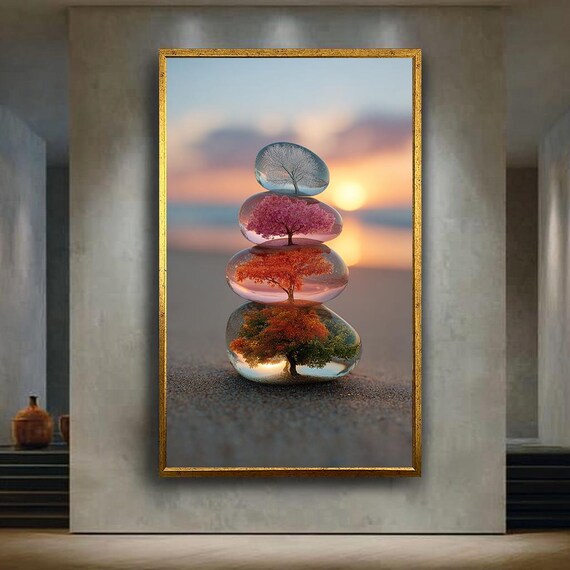Four Seasons Tree Canvas Wall Art In Stacked Stones Nature Inspired Zen Print With Sunset Background For Meditation Or Home Decor