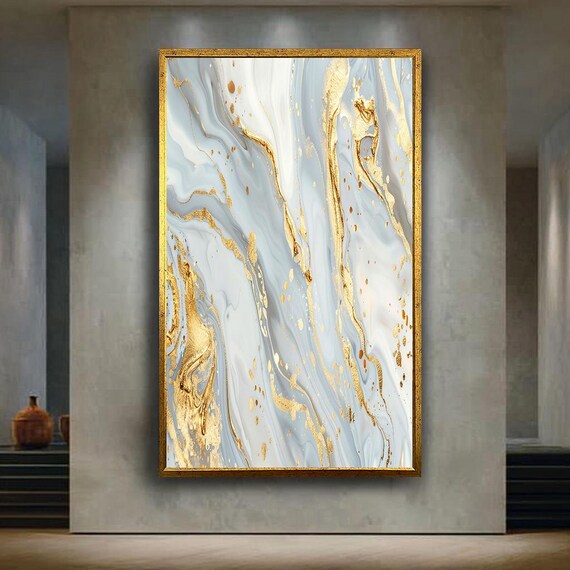 Abstract Blue White And Gold Marble Canvas Wall Art With Fluid Painting Texture Modern Luxury Minimalist Home Decoration