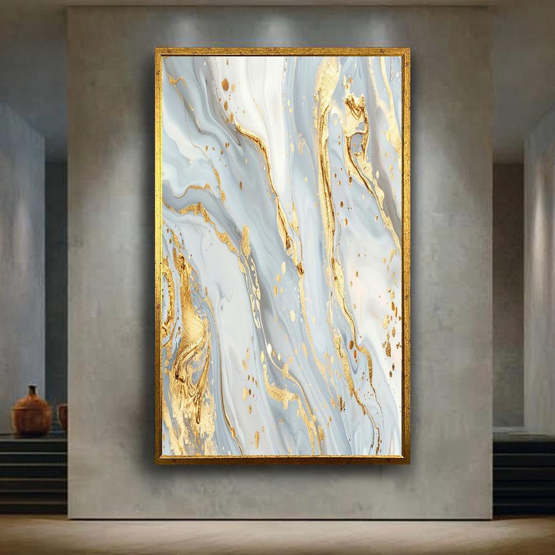 Abstract Blue White And Gold Marble Canvas Wall Art With Fluid Painting Texture Modern Luxury Minimalist Home Decoration