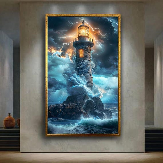 Stormy Lighthouse Wall Art Ocean Wave Canvas Print Lightning Nautical Poster For Coastal Home Decor Or Sea Lover
