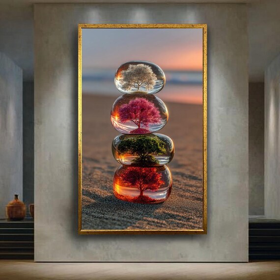 Four Seasons Tree Canvas Wall Art In Stacked Glass Stones Symbolic Nature Print For Spiritual Zen Or Seasonal Home Decor