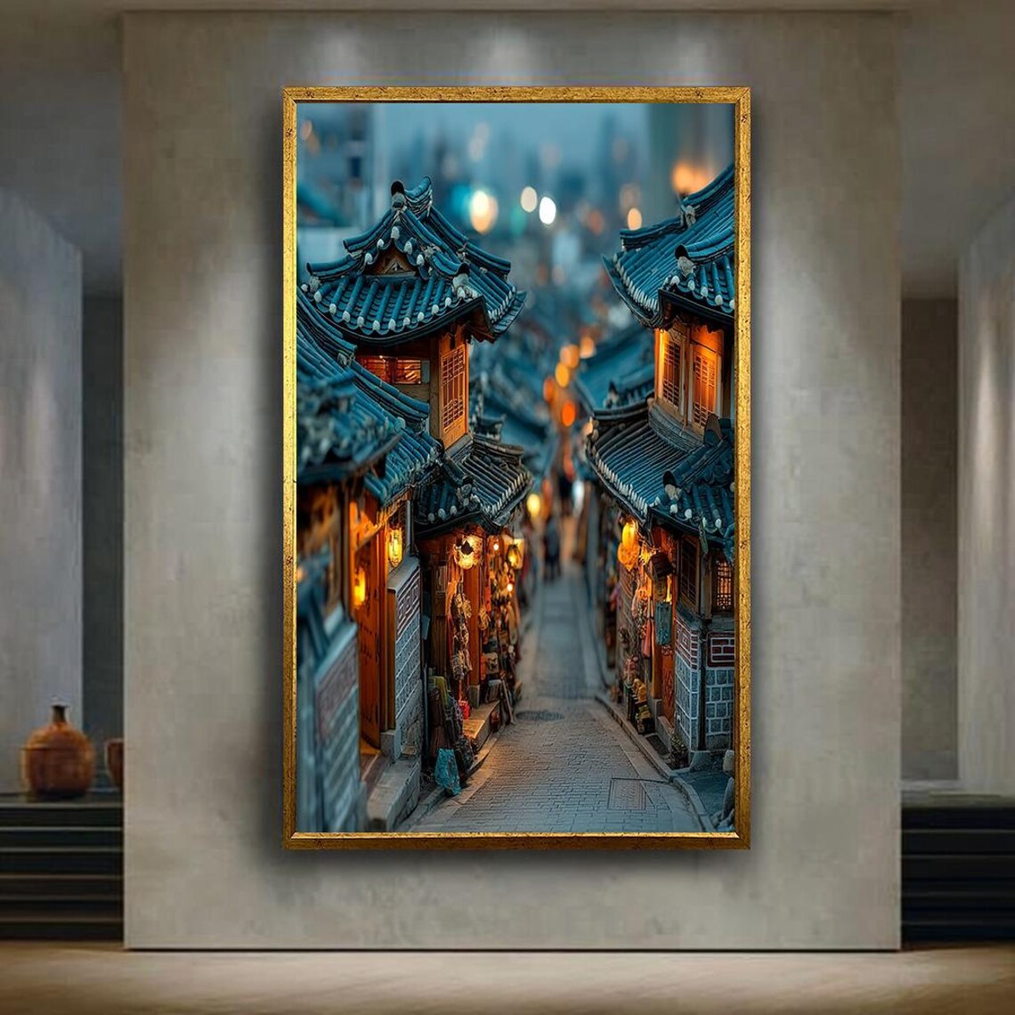 Korean Hanok Old Town Lantern Lit Street Night Traditional Print