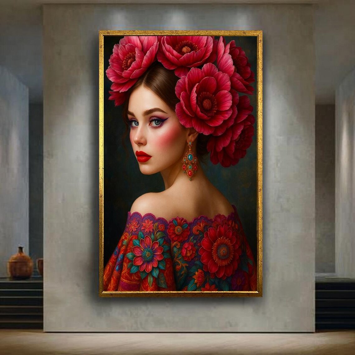 Elegant Woman Red Flower Crown Portrait Vibrant Floral Fashion Poster
