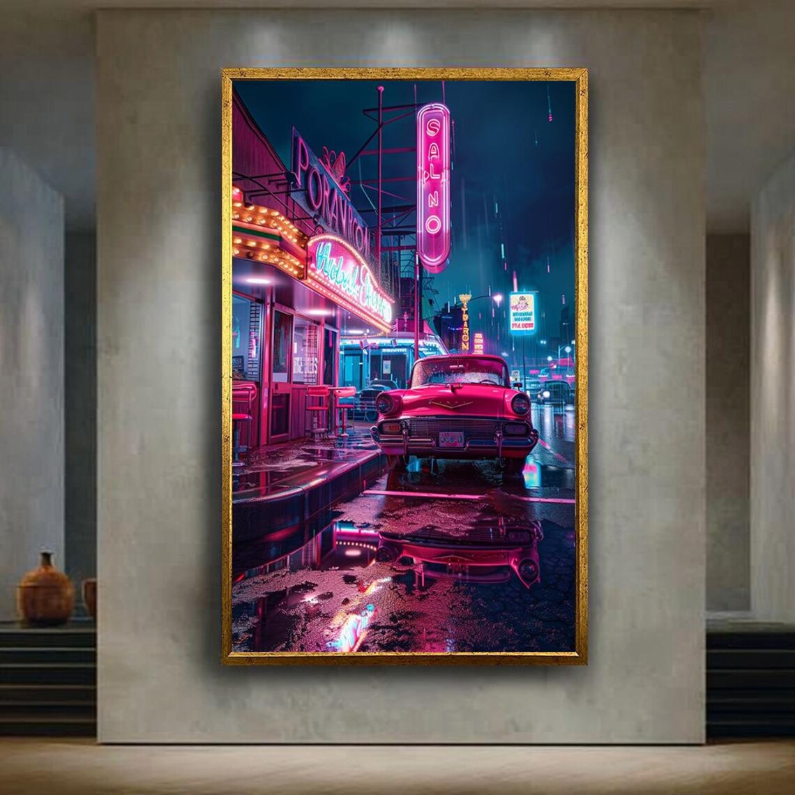 Neon Rainy Night Street Pink Classic Car Retro Cityscape Wall Art