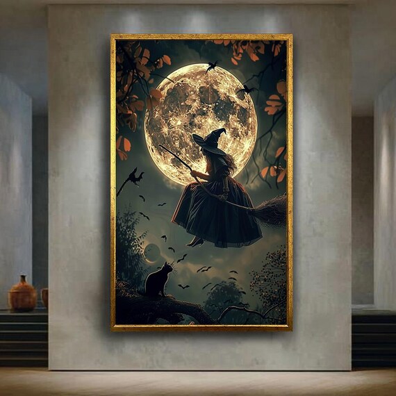 Witch Flying In Front Of Full Moon Canvas Wall Art Spooky Halloween Print With Cat Bats And Night Sky For Gothic Or Seasonal Decor