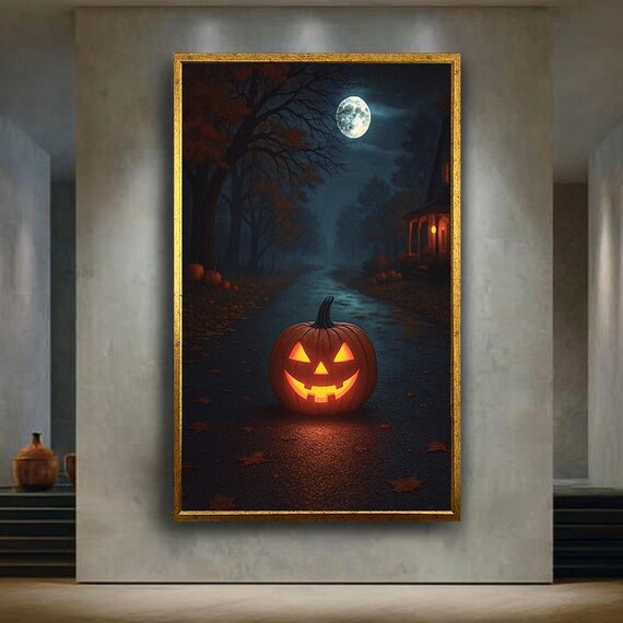 Halloween Pumpkin Canvas Wall Art Glowing Jack O Lantern Print Spooky Moonlight Artwork For Seasonal Or Gothic Home Decor