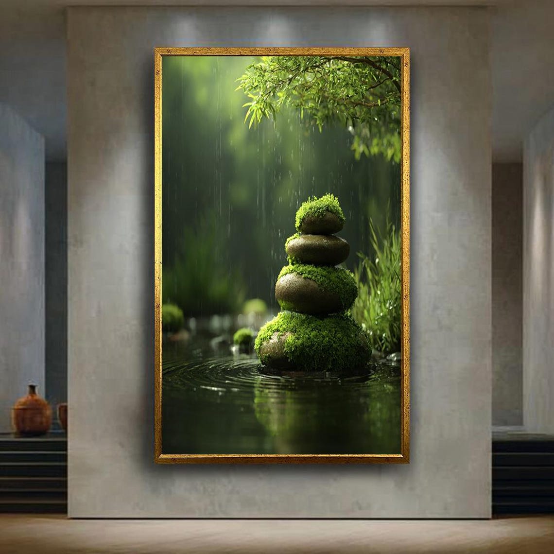 Zen Moss Stones Wall Art Print Tranquil Nature Rain Canvas Meditative Spa Decor Poster Peaceful Green Balance Artwork
