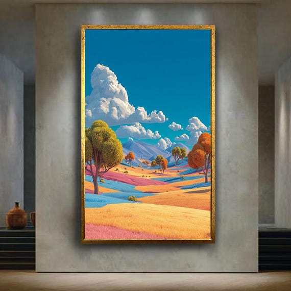 Colorful Fantasy Landscape Wall Art Print Whimsical Nature Poster Dreamy Pastel Field Illustration Happy Surreal Decor