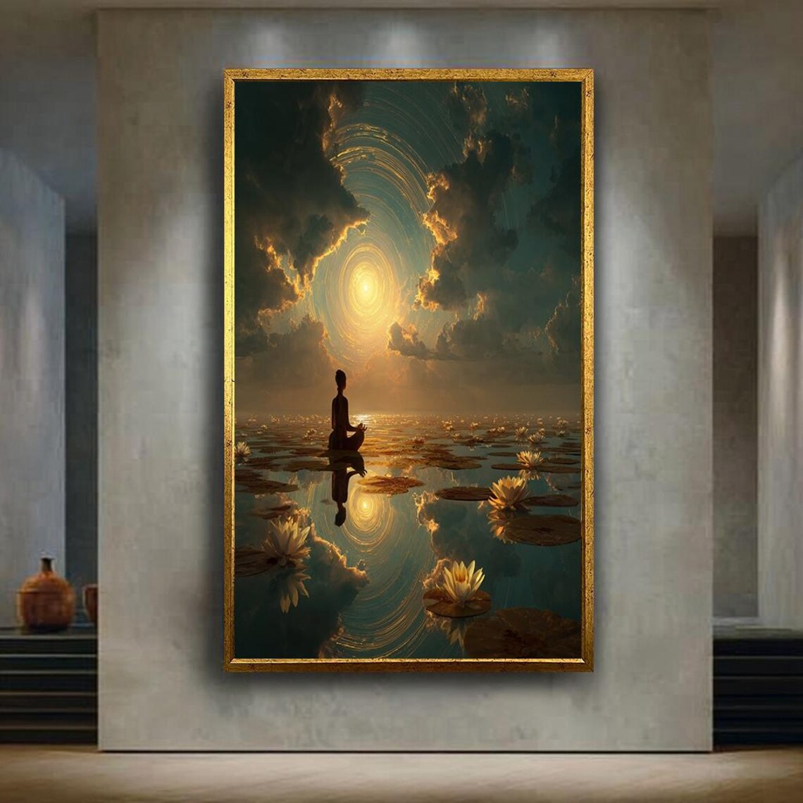 Meditating Figure Over Water Lily Lake At Golden Sunset Poster