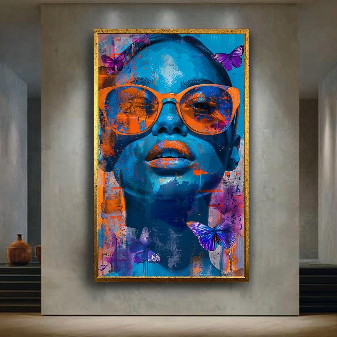 Blue Orange Pop Art Woman With Sunglasses And Butterflies Poster