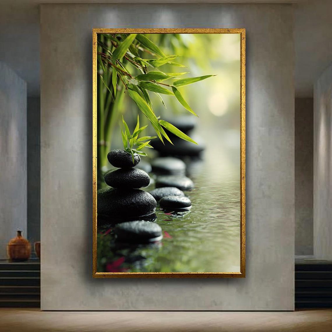 Zen Stone Path Over Calm Water Bamboo Leaves Peaceful Spa Decor Poster