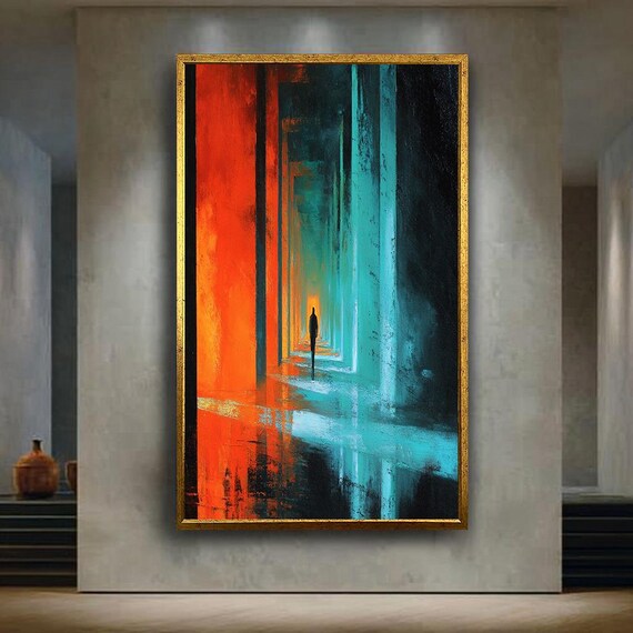 Silhouette Figure Corridor Abstract Painting Fiery Orange And Cool Turquoise Modern Wall Art Canvas Geometric Hallway Home Decor