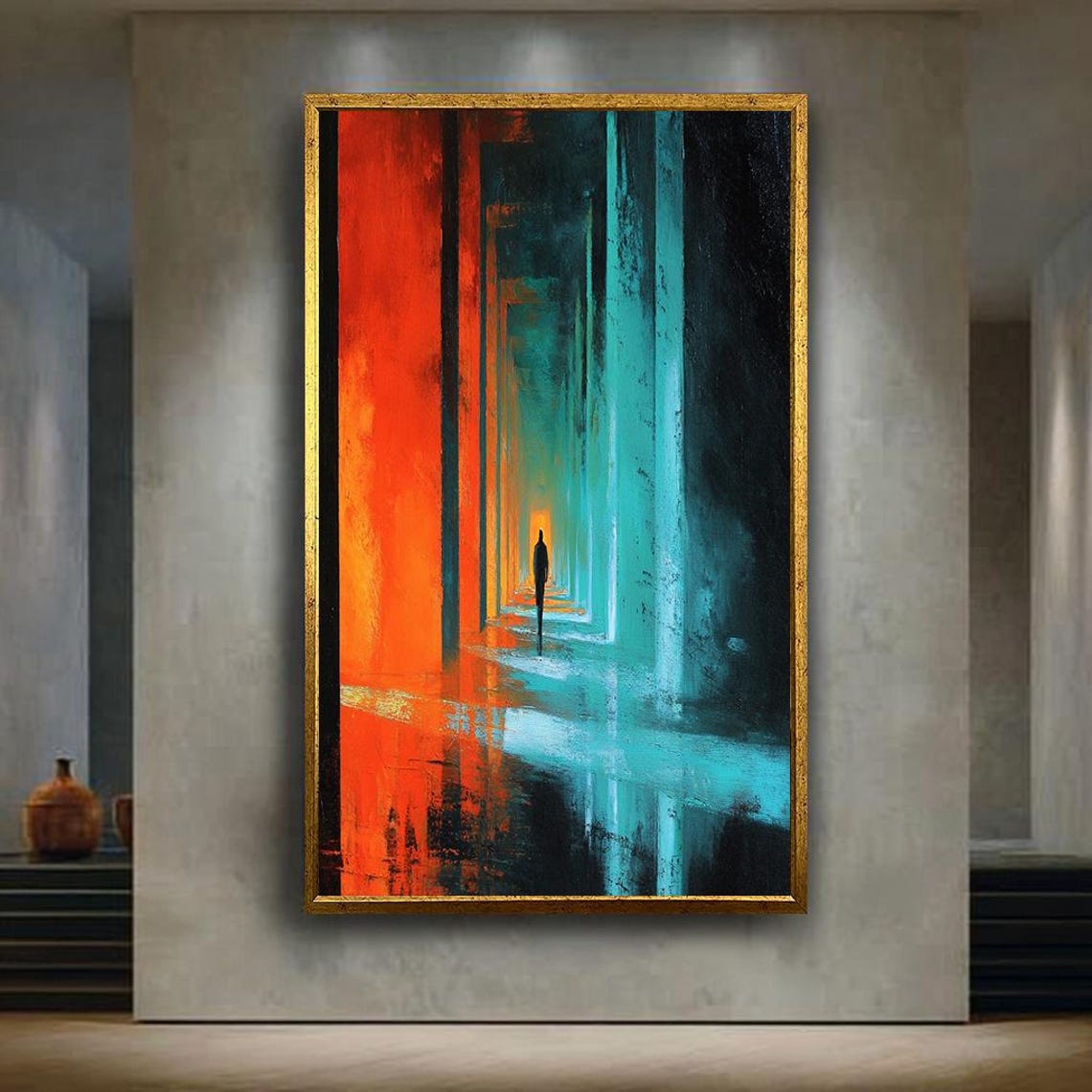 Fiery Corridor Silhouette Figure Orange Teal Abstract Journey Poster