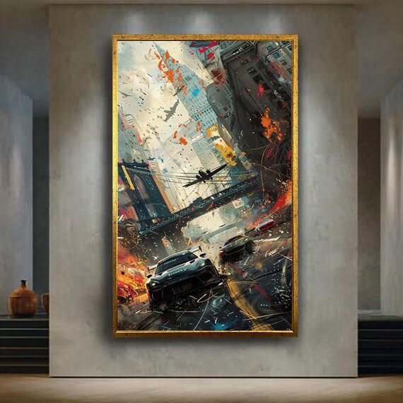 Street Race Under a City Bridge with a Jet Urban Splash Art Poster