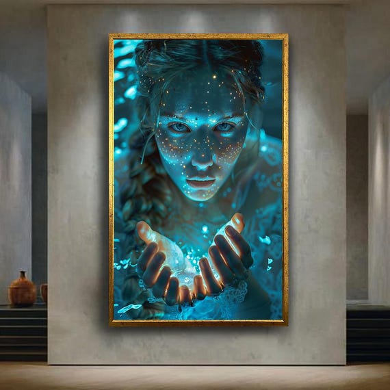 Galactic Light Spirit Canvas Wall Art With Mystical Woman Holding Energy Cosmic Fantasy Portrait Print For Spiritual Or Scifi Decor