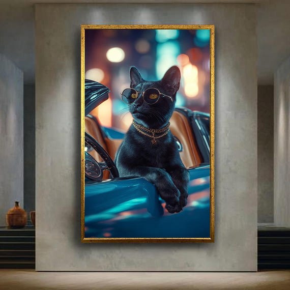 Cool Black Cat Driving Car Wall Art Print Funny Hip Hop Style Animal Canvas Neon Pop Poster Trendy Modern Home Decor
