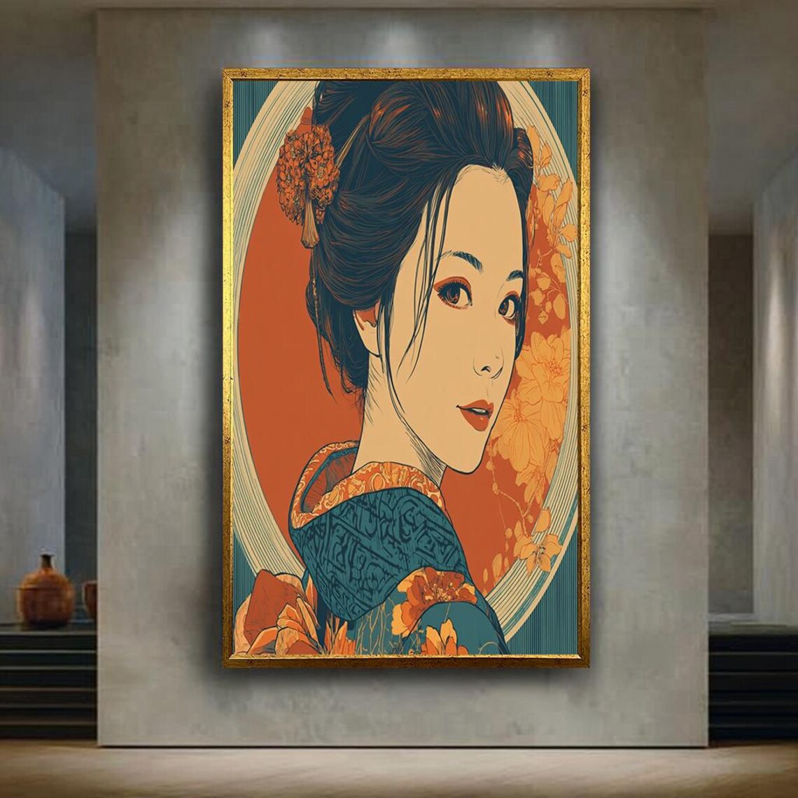 Geisha In Blue Kimono Orange Sun Modern Japanese Portrait Poster