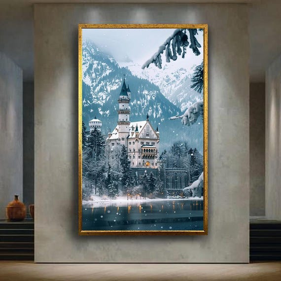 Winter Fairytale Castle Canvas Wall Art Snowy Mountain Palace Scene Enchanted Wonderland Print