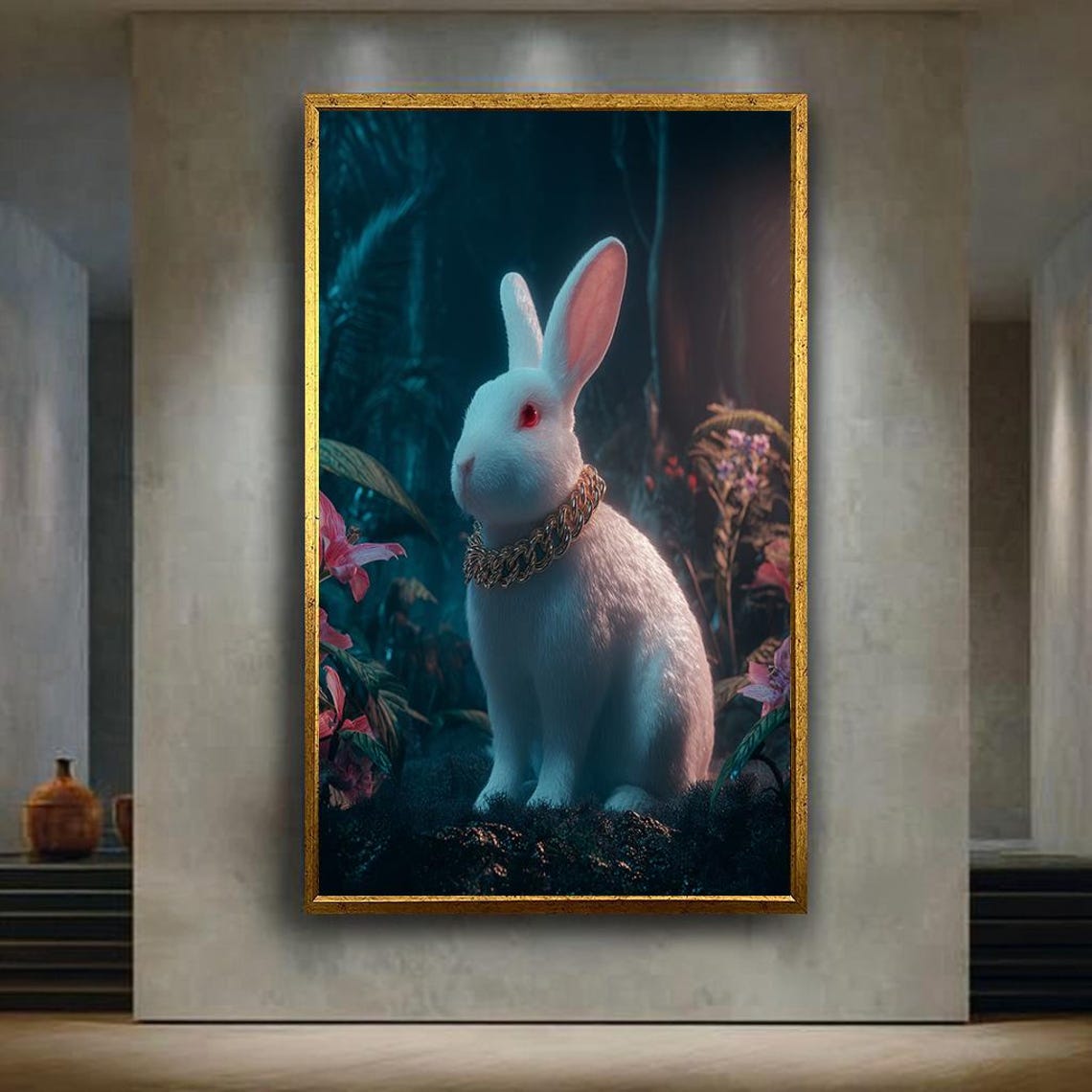 White Rabbit Wearing Gold Chain Dark Forest Fantasy Art Poster