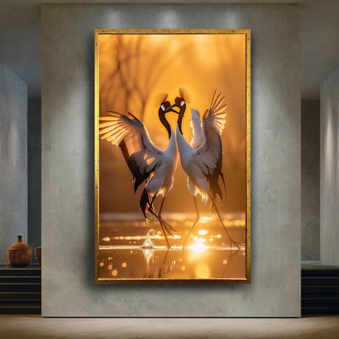 Romantic Dancing Cranes Pair Sunset Golden Water Wildlife Bird Print