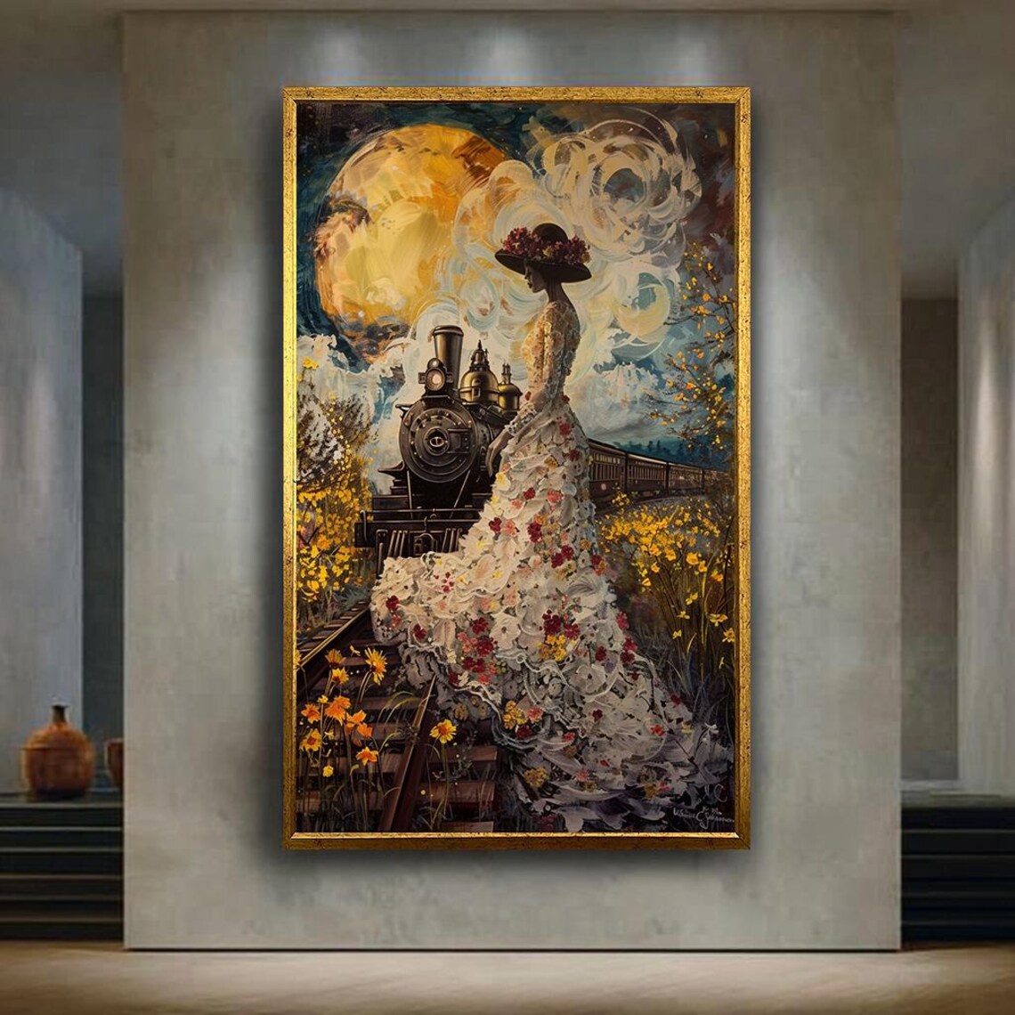 Victorian Lady in Floral Gown Before Steam Locomotive Moonlit Wall Art
