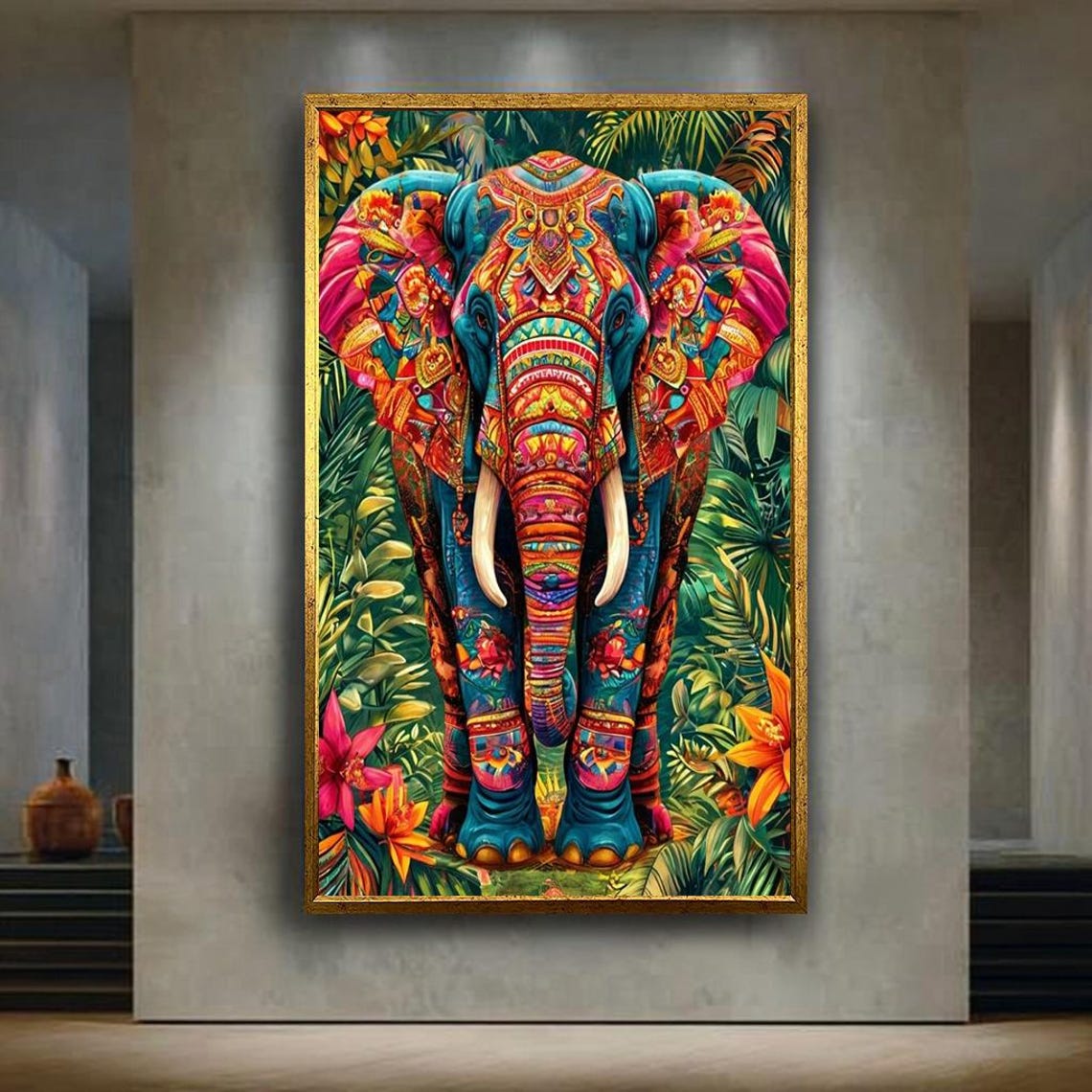 Colorful Decorated Elephant Vibrant Jungle Tropical Boho Decor Poster