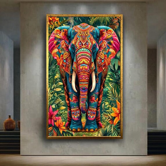 Colorful Boho Elephant Canvas Wall Art Print Vibrant Jungle Decor With Tribal Floral Patterns Spiritual Animal Artwork For Home