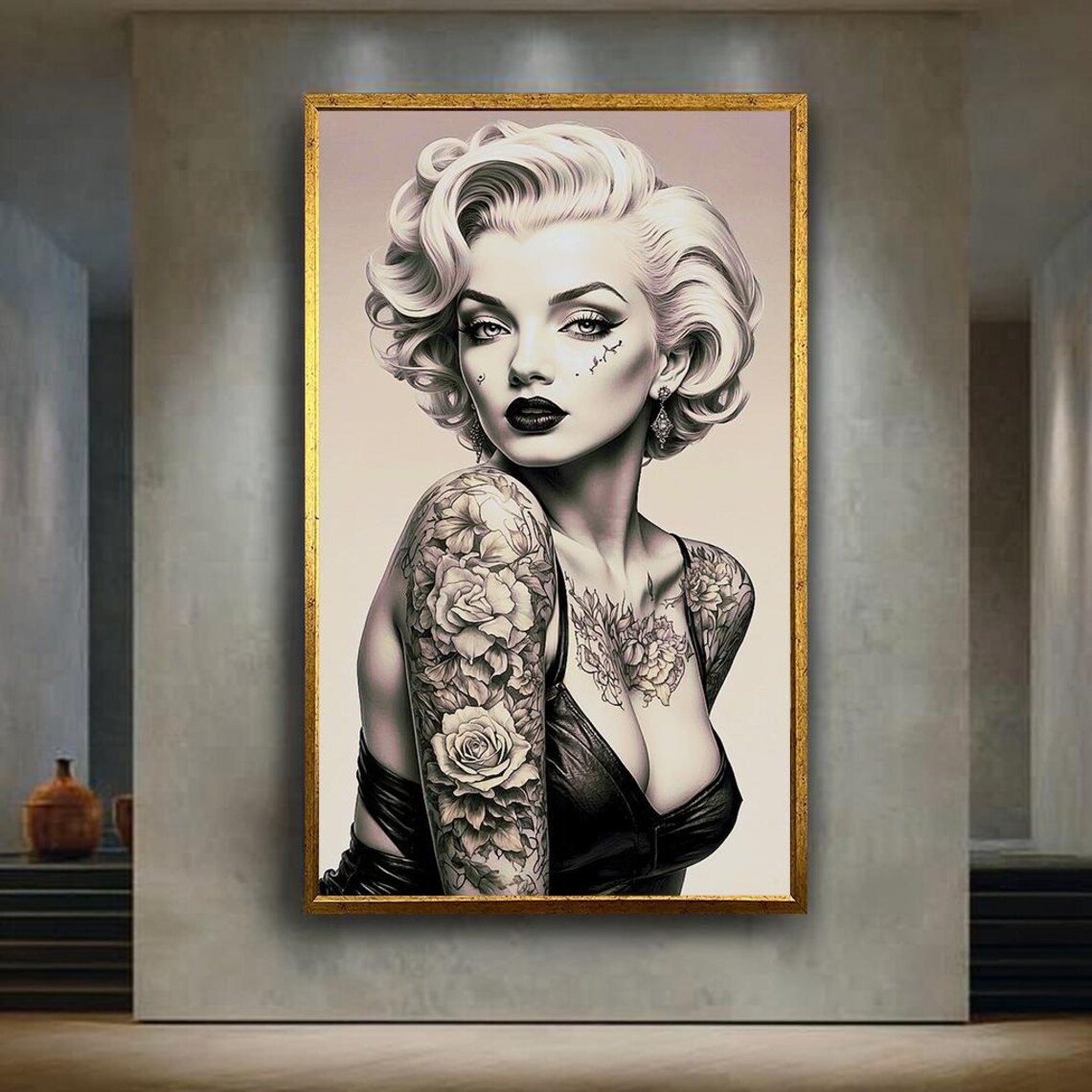 Tattooed Pinup Woman in Marilyn Monroe Style Vintage Glamour Wall Art