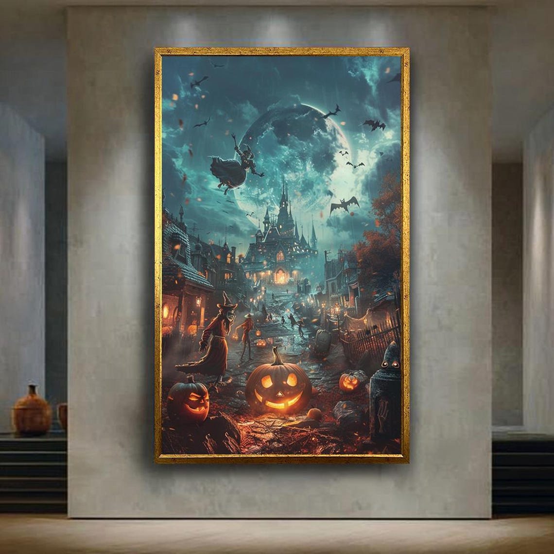 Haunted Halloween Village Jack O Lanterns Witch Bats Full Moon Poster