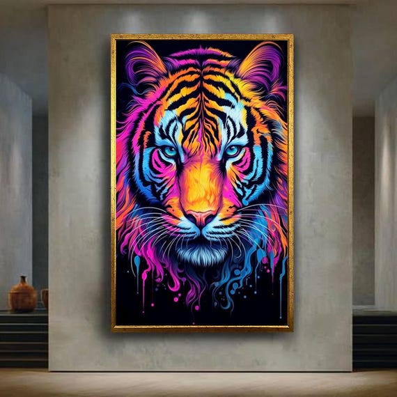 Neon Tiger Wall Art Print Vibrant Colorful Jungle Animal Canvas Psychedelic Pop Style Wildlife Poster For Bold Decor