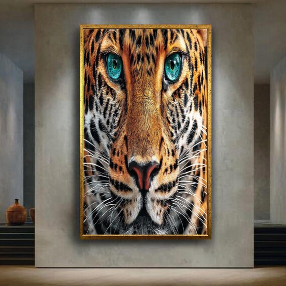 Leopard Face Close Up Piercing Teal Eyes Bold Jungle Cat Art Poster