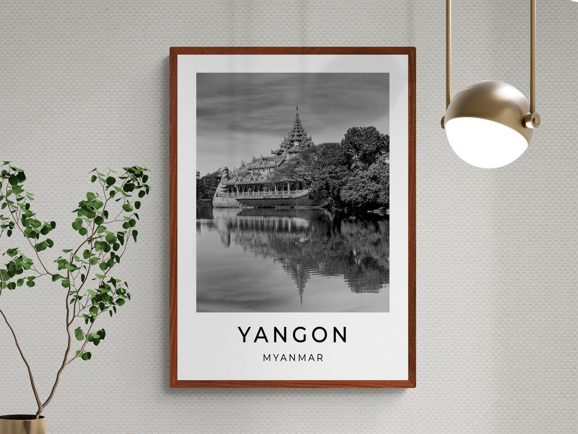 Yangon Myanmar Karaweik Palace Lake Reflection Black White Poster - Image 3