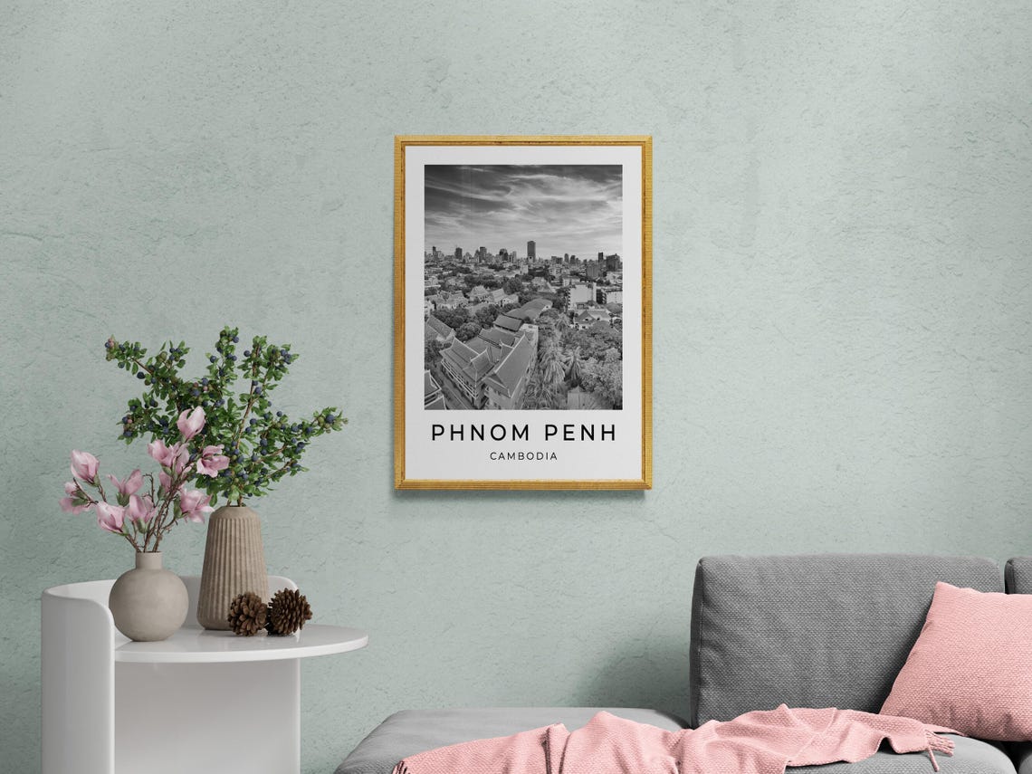 Phnom Penh Cambodia City Skyline Black And White Monochrome Poster - Image 2