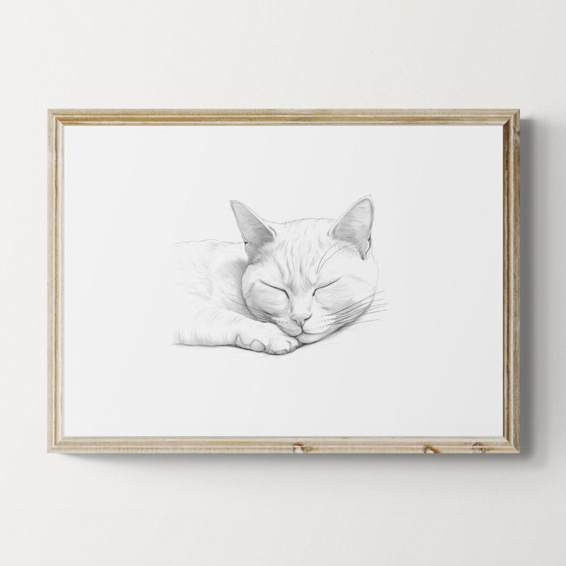 Sleeping Burmese Cat Pencil Sketch Minimalist Black White Farmhouse Poster