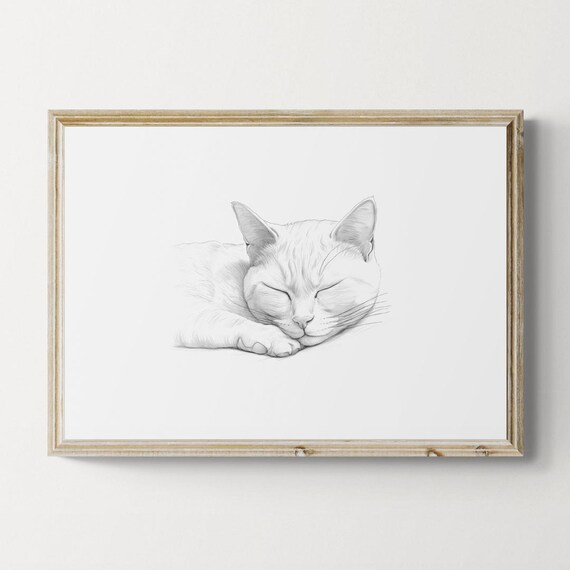 Sleeping Burmese Cat Pencil Sketch Minimalist Black White Farmhouse Poster