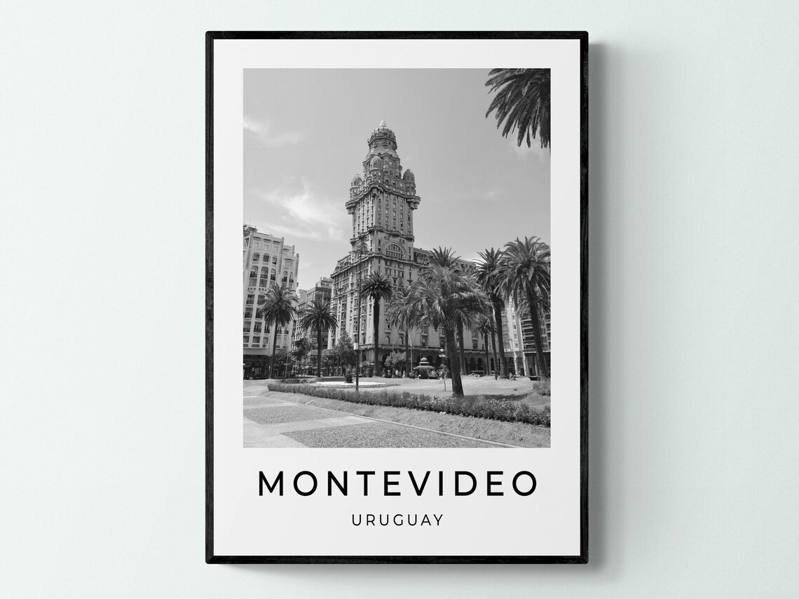 Montevideo Uruguay Palacio Salvo Plaza Black White City Travel Poster