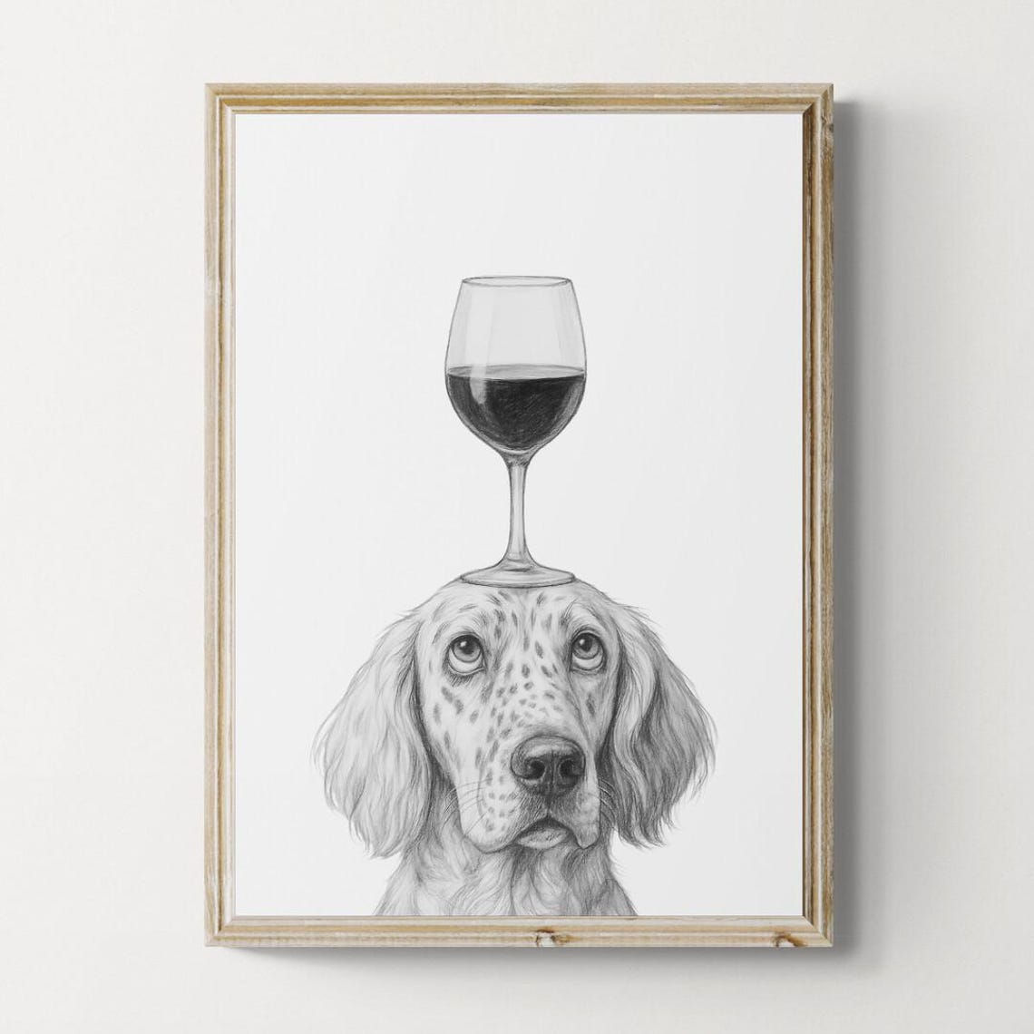 Speckled English Setter Balancing Red Wine Glass Pencil Sketch Poster