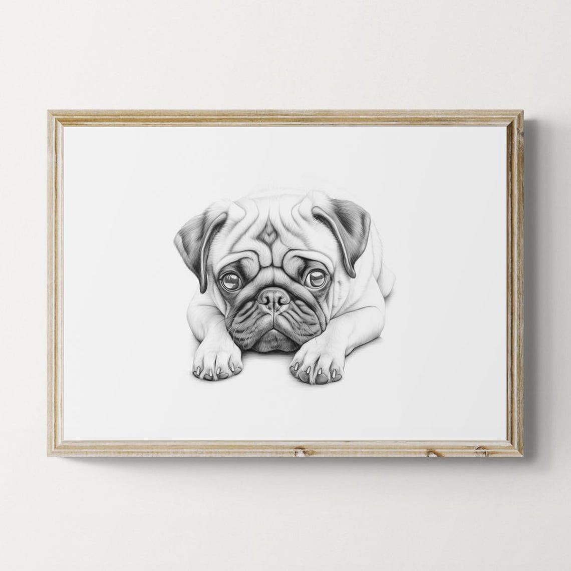 Pug Puppy Wrinkled Flat Face Puppy Pencil Sketch Portrait Print